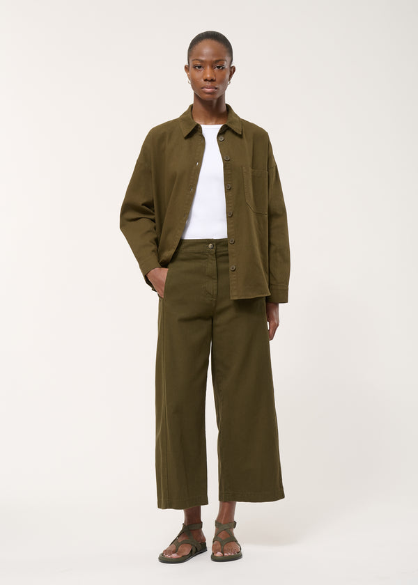 Pantalon large vert en coton taille haute - MILITAIRE#couleur_MILITAIRE