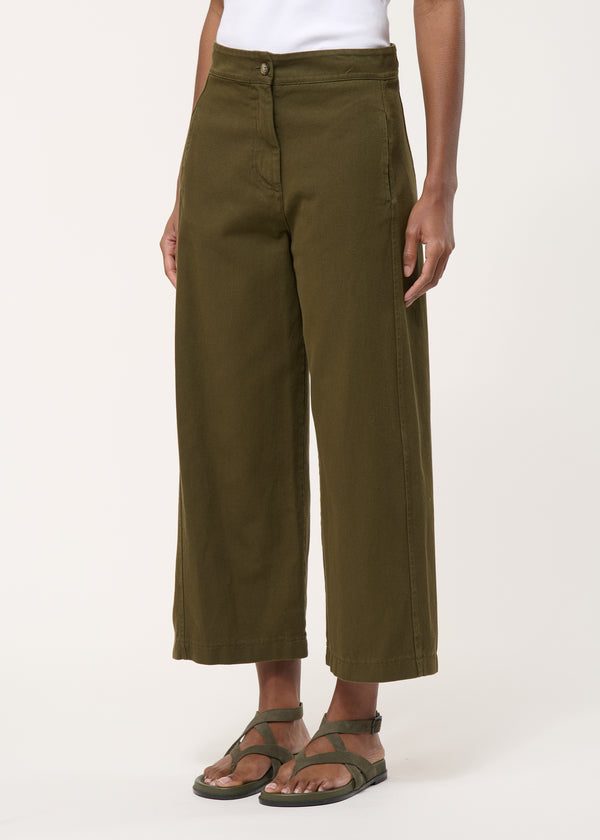 Pantalon large vert en coton taille haute - MILITAIRE#couleur_MILITAIRE