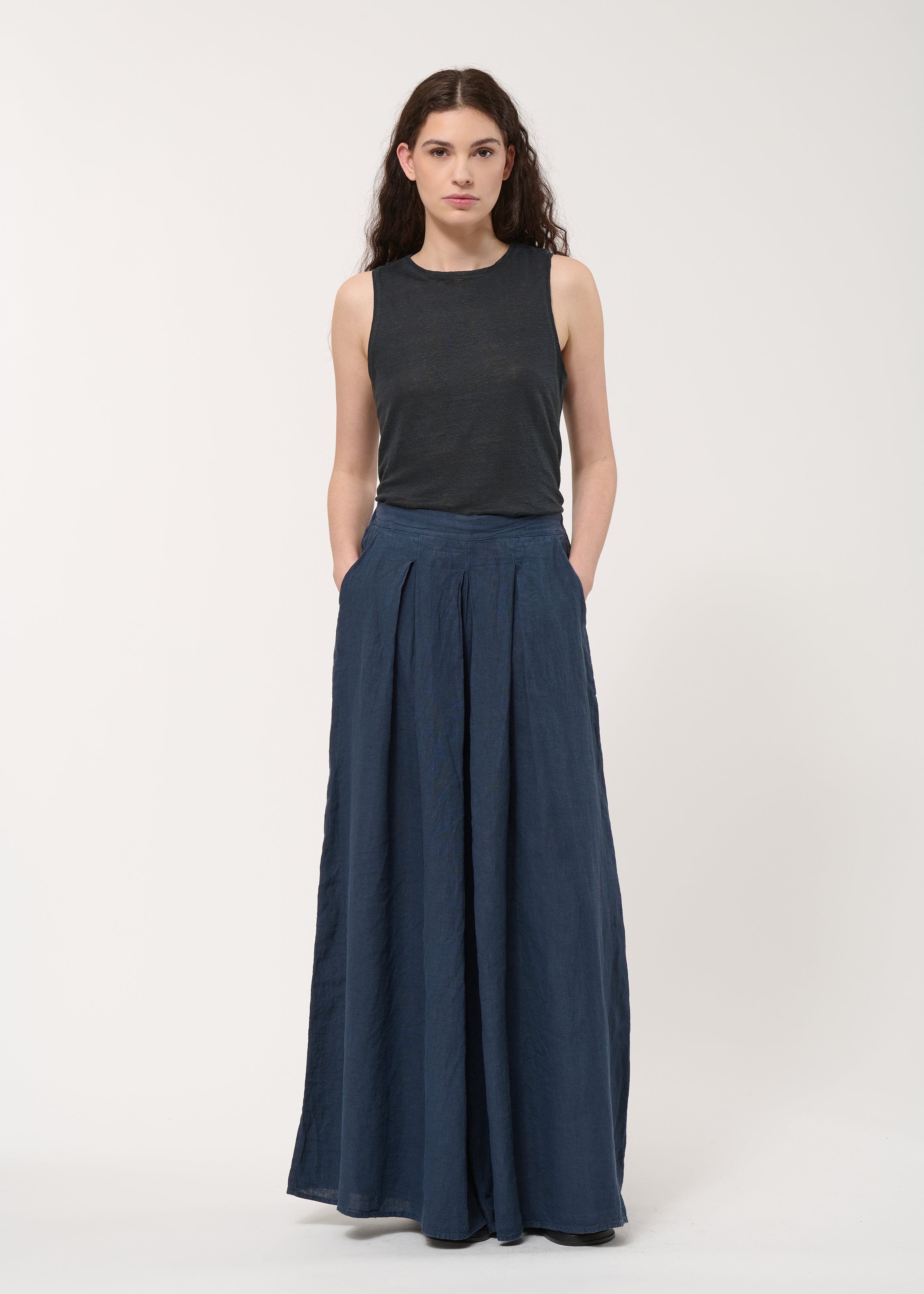 Pantalon jupe culotte bleu foncé en lin - NAVY#couleur_NAVY