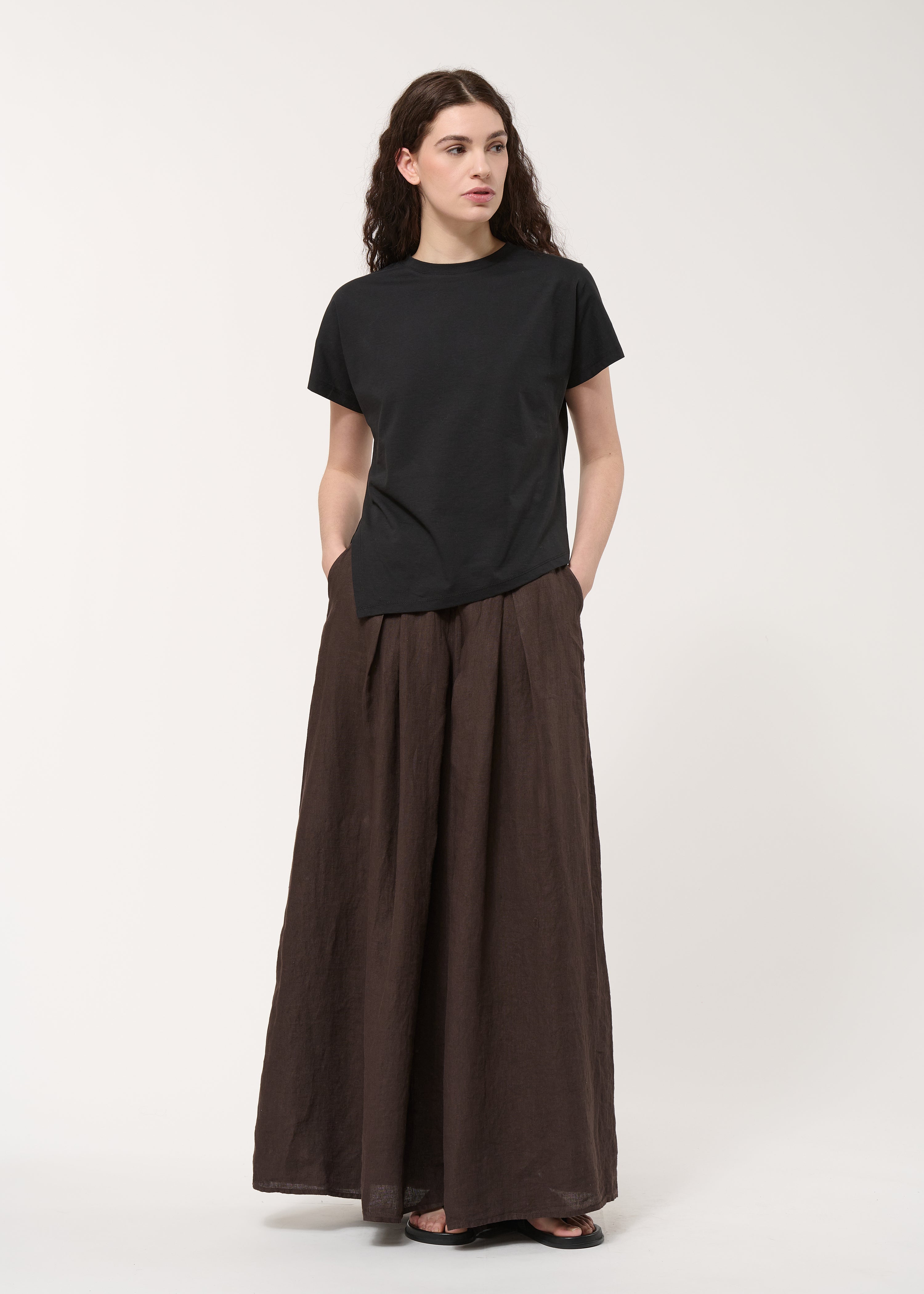 Pantalon jupe culotte marron en lin - CHOCOLAT#couleur_CHOCOLAT