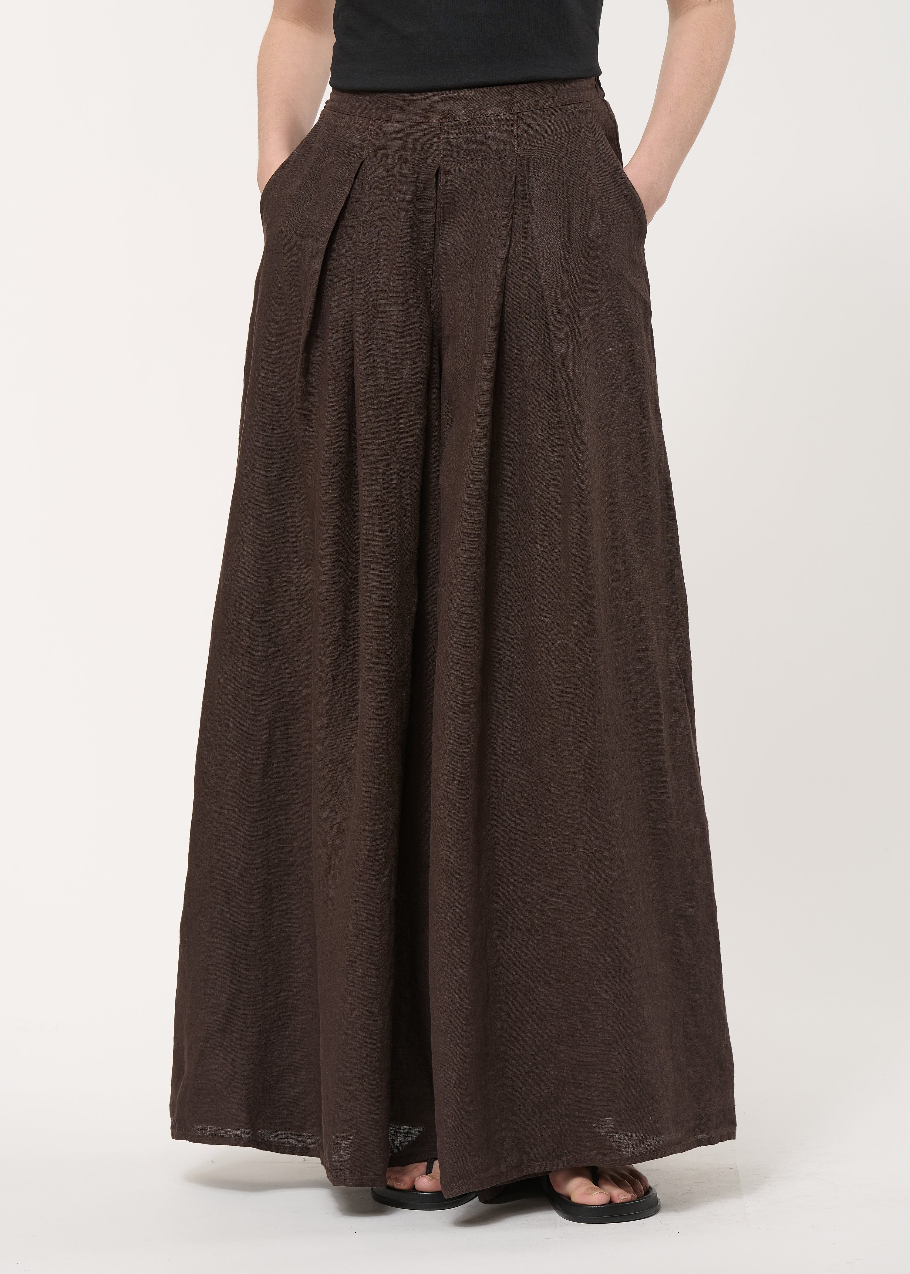 Pantalon jupe culotte marron en lin - CHOCOLAT#couleur_CHOCOLAT