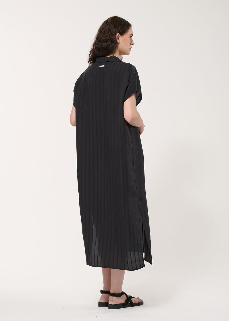 Robe droite noire à rayures texturées - NOIR#couleur_NOIR