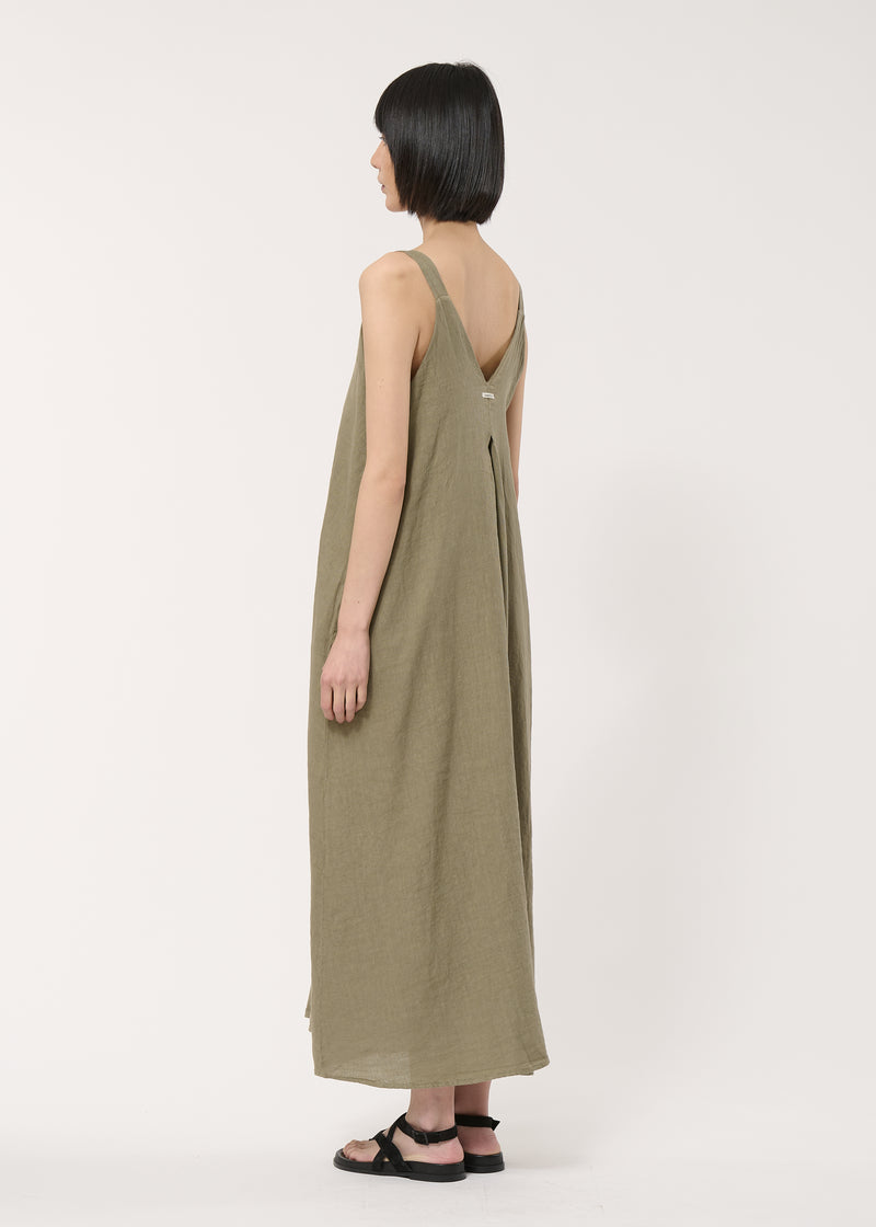 Robe longue kaki à bretelles en lin - ARMY#couleur_ARMY