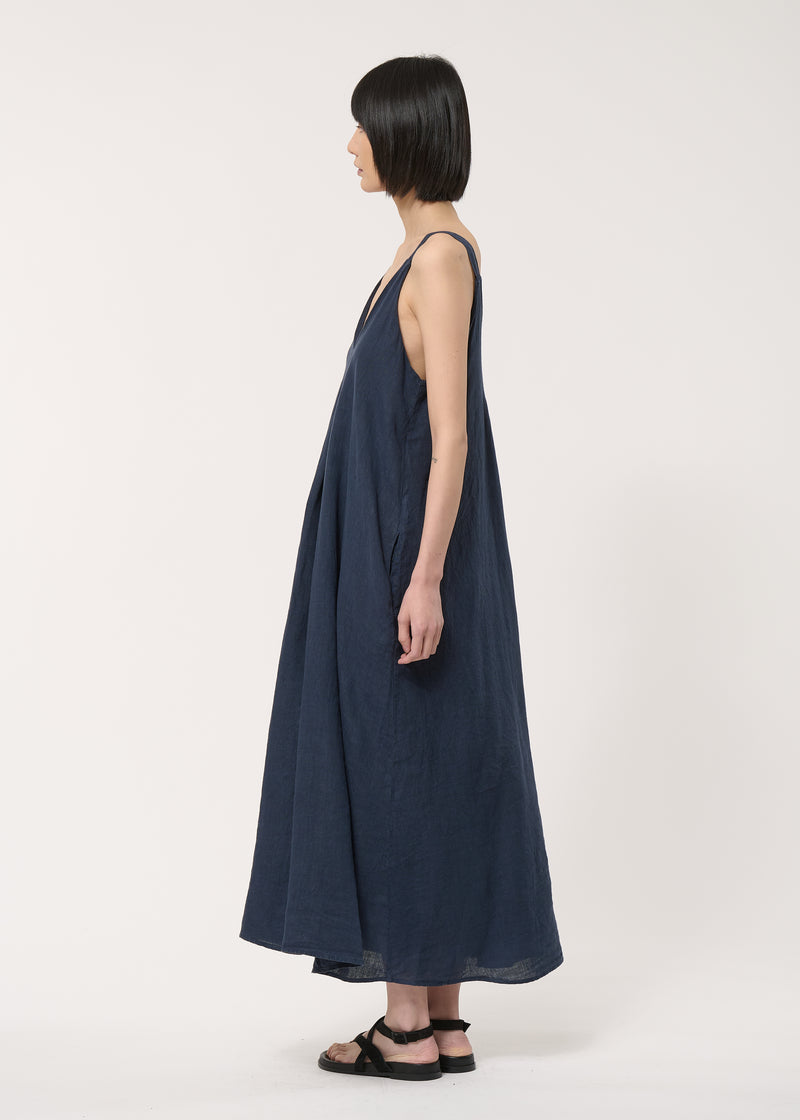 Robe longue bleue à bretelles en lin - NAVY#couleur_NAVY