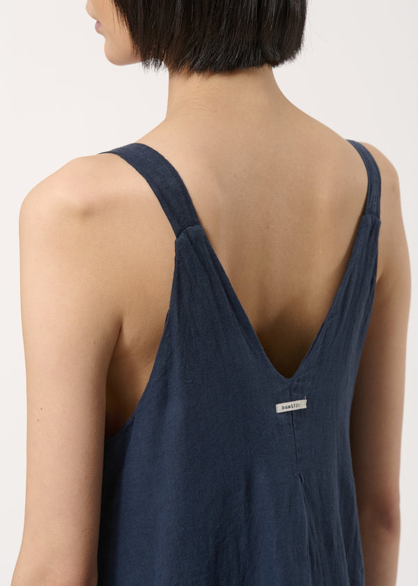 Robe longue bleue à bretelles en lin - NAVY#couleur_NAVY