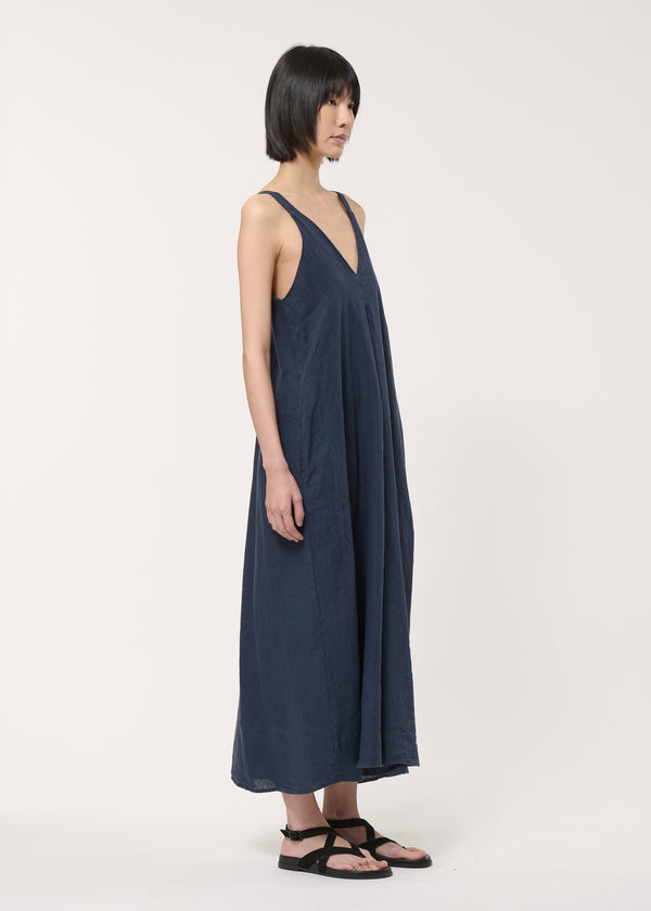 Robe longue bleue à bretelles en lin - NAVY#couleur_NAVY