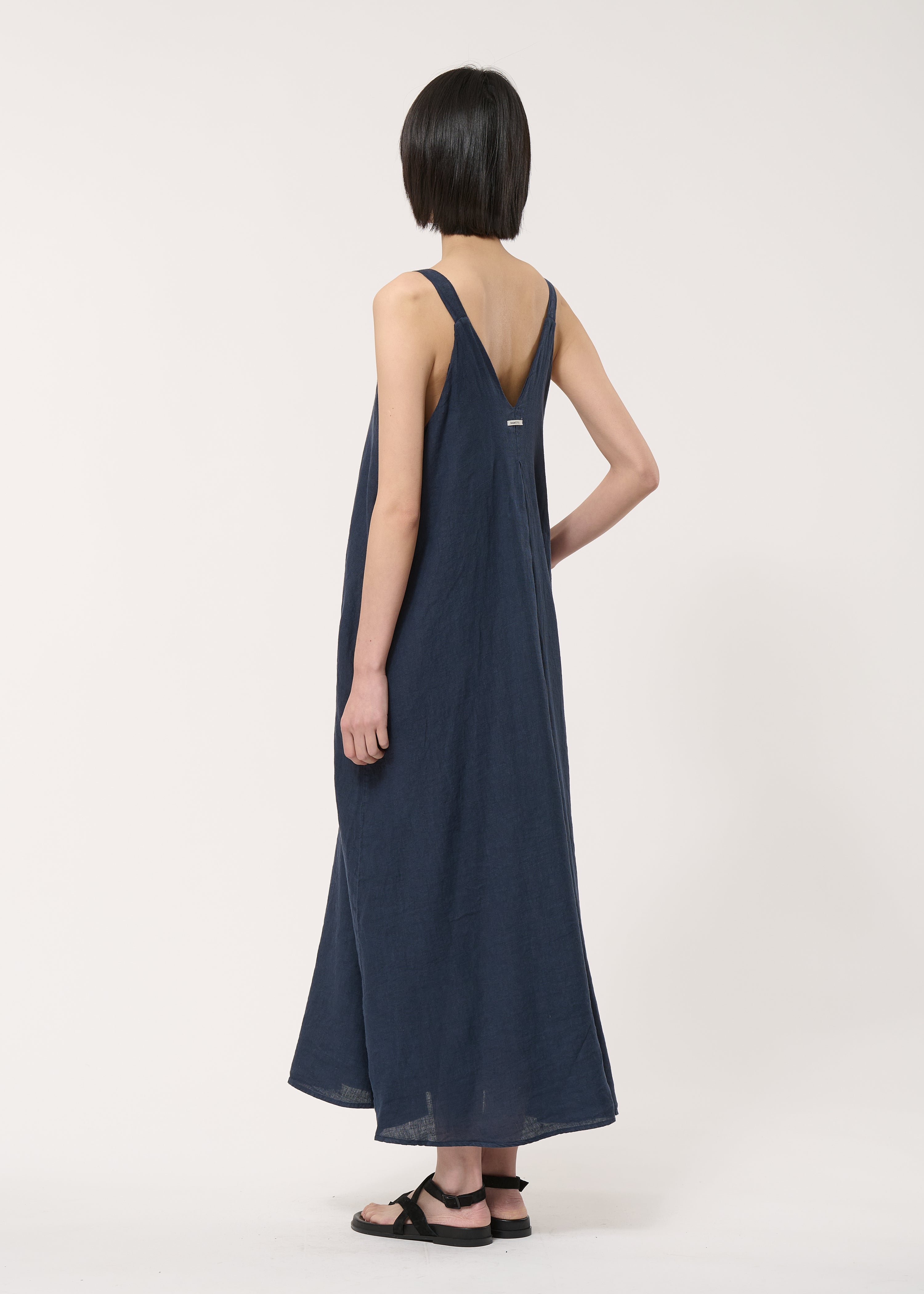 Robe longue bleue à bretelles en lin - NAVY#couleur_NAVY