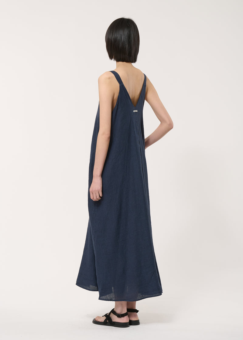 Robe longue bleue à bretelles en lin - NAVY#couleur_NAVY