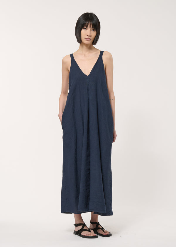 Robe longue bleue à bretelles en lin - NAVY#couleur_NAVY