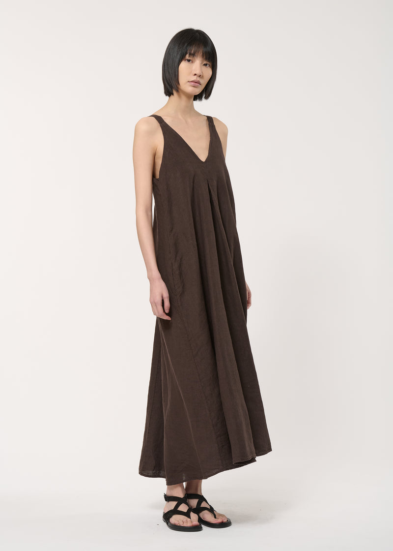 Robe longue marron à bretelles en lin - CHOCOLAT#couleur_CHOCOLAT