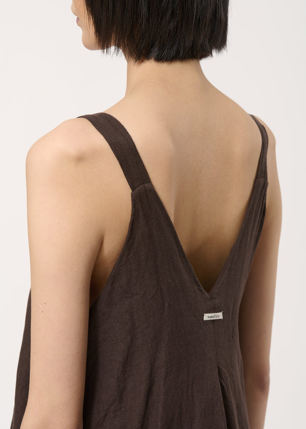 Robe longue marron à bretelles en lin - CHOCOLAT#couleur_CHOCOLAT