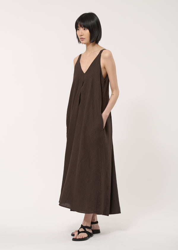 Robe longue marron à bretelles en lin - CHOCOLAT#couleur_CHOCOLAT
