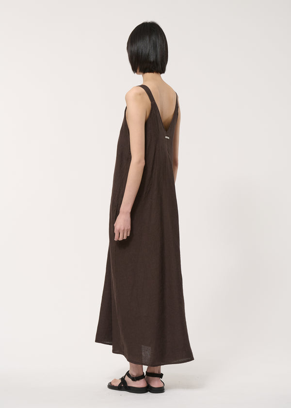 Robe longue marron à bretelles en lin - CHOCOLAT#couleur_CHOCOLAT