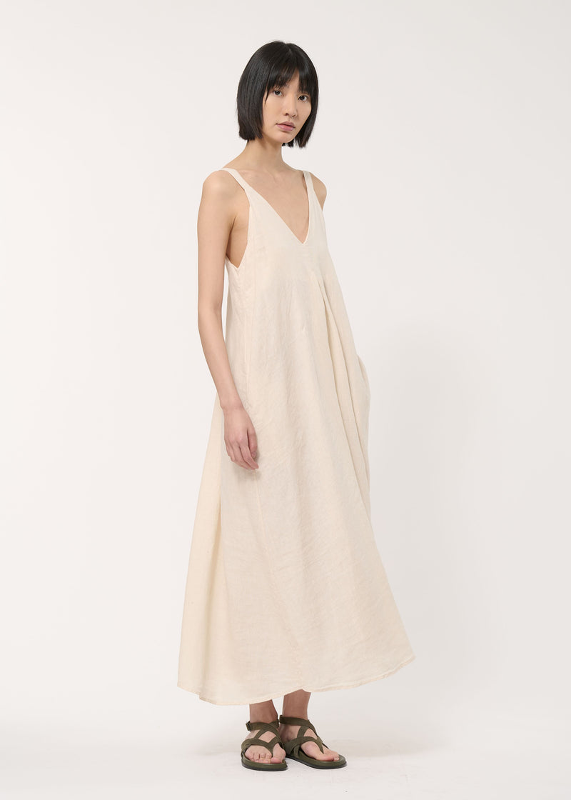 Beige long linen dress with straps
