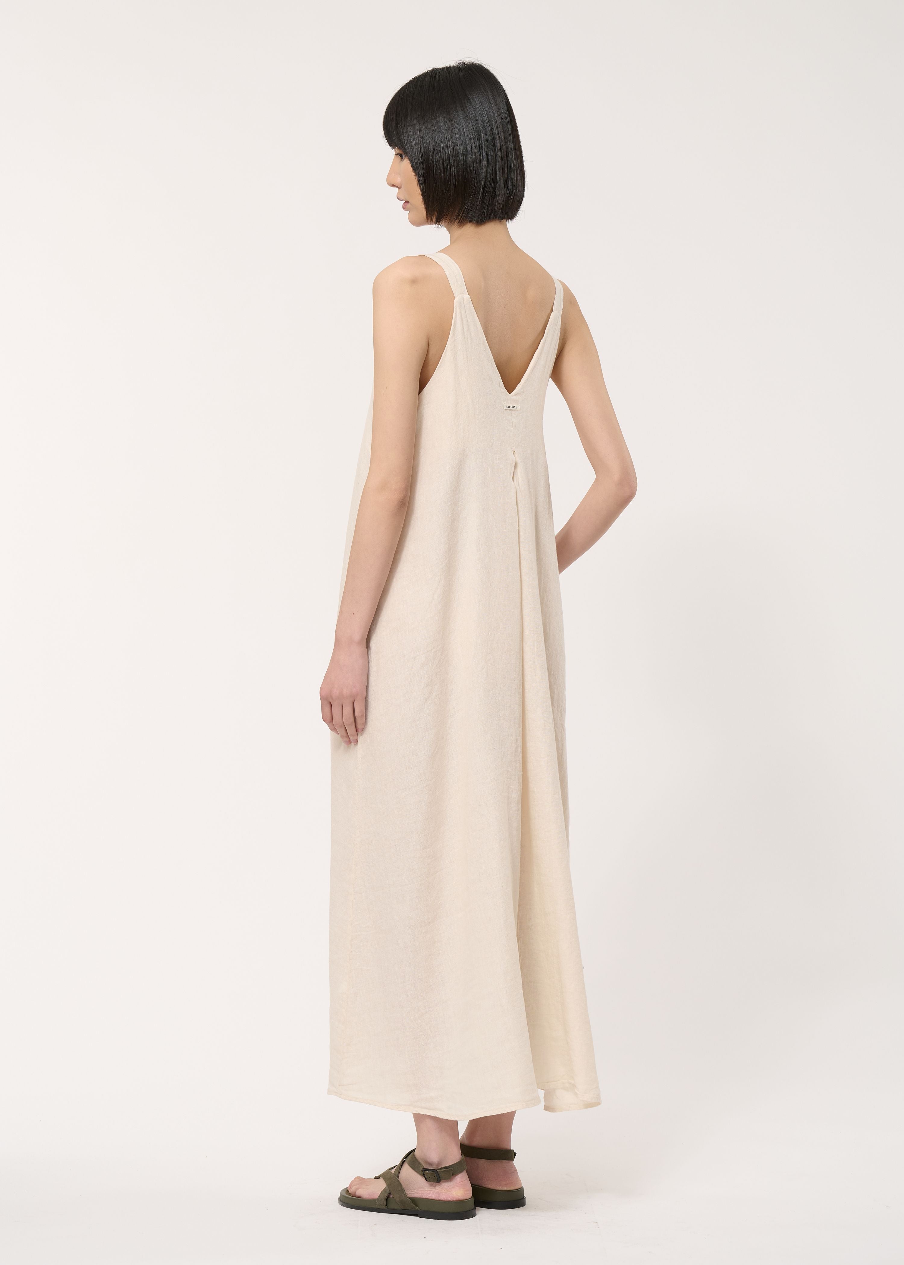 Beige long linen dress with straps