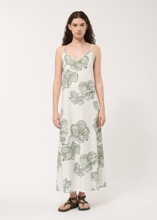 Robe longue blanche imprimée - OFF WHITE/VERT MOUSSE#couleur_OFF WHITE/VERT MOUSSE