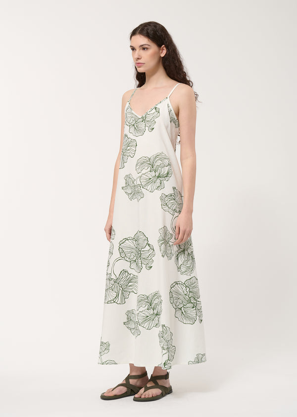 Robe longue blanche imprimée - OFF WHITE/VERT MOUSSE#couleur_OFF WHITE/VERT MOUSSE