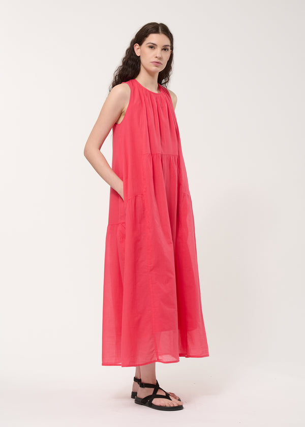 Robe longue froncée corail - VERMILLON#couleur_VERMILLON