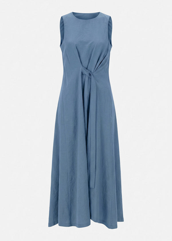 Robe drapée bleue en modal gaufré - DENIM#couleur_DENIM