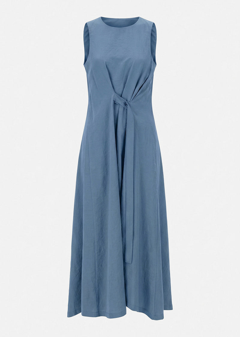 Robe drapée bleue en modal gaufré - DENIM#couleur_DENIM