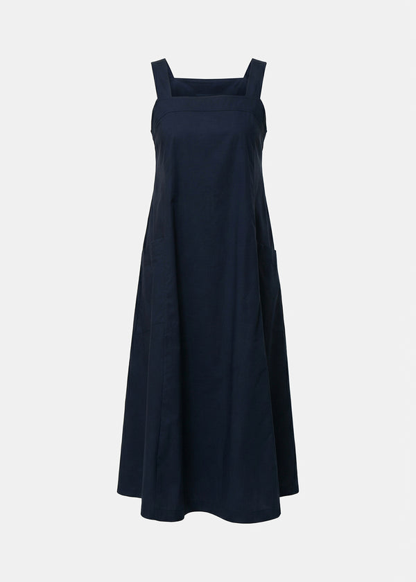 Robe longue trapèze bleue en popeline de coton - NAVY#couleur_NAVY