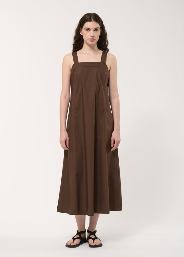 Robe longue trapèze marron en popeline de coton - CHOCOLAT#couleur_CHOCOLAT