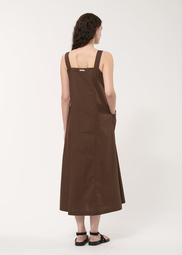 Robe longue trapèze marron en popeline de coton - CHOCOLAT#couleur_CHOCOLAT