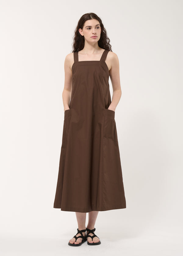 Robe longue trapèze marron en popeline de coton - CHOCOLAT#couleur_CHOCOLAT