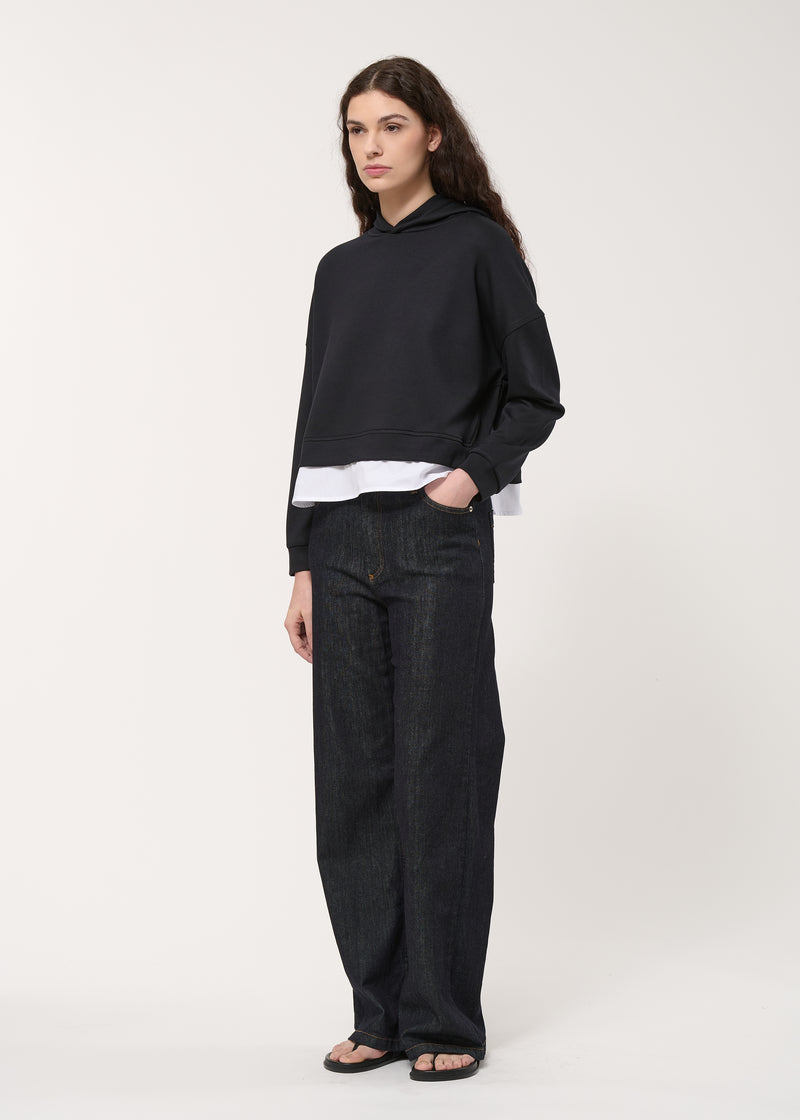 Sweat ample à capuche noir ultra soft en popeline de coton - NOIR#couleur_NOIR