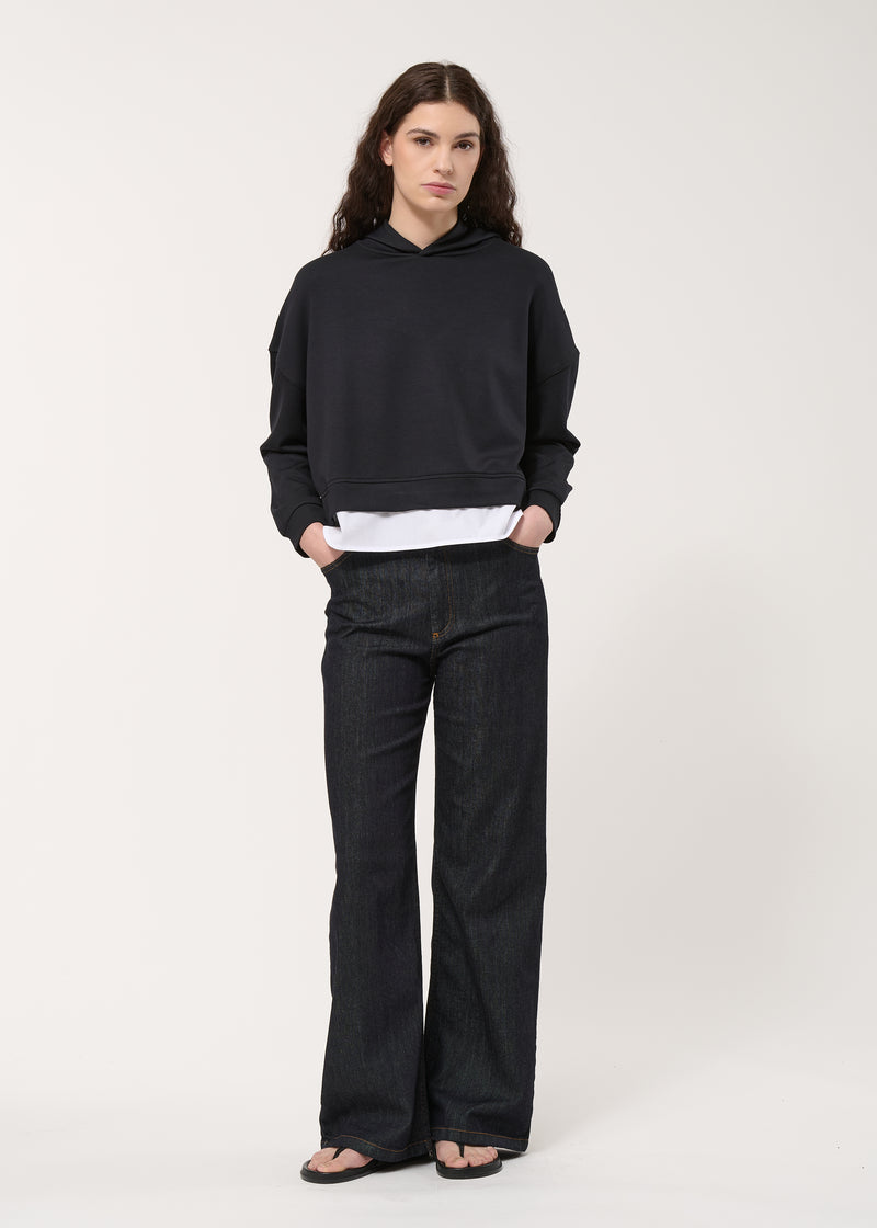 Sweat ample à capuche noir ultra soft en popeline de coton - NOIR#couleur_NOIR