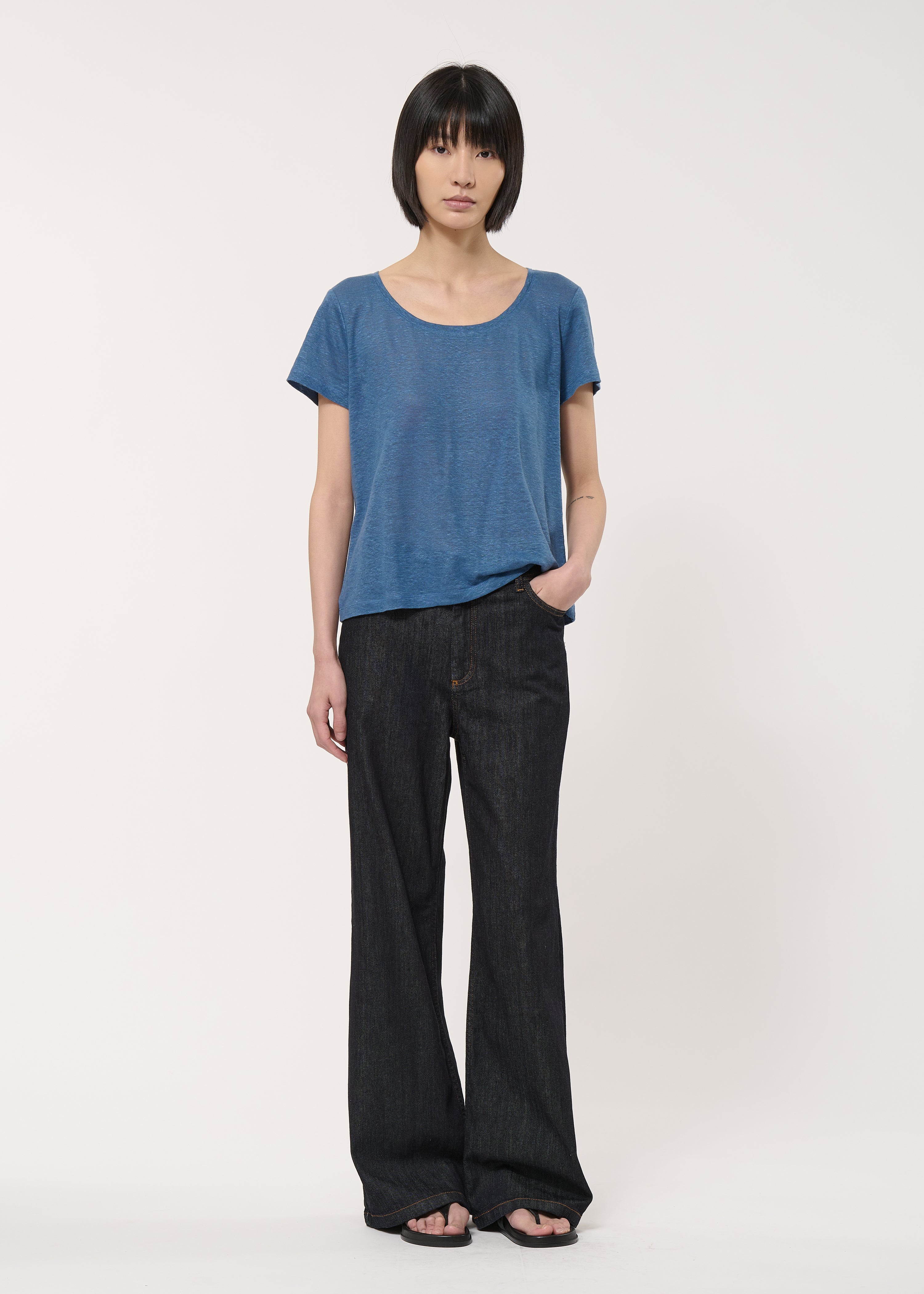 T-shirt loose bleu en lin - DENIM#couleur_DENIM