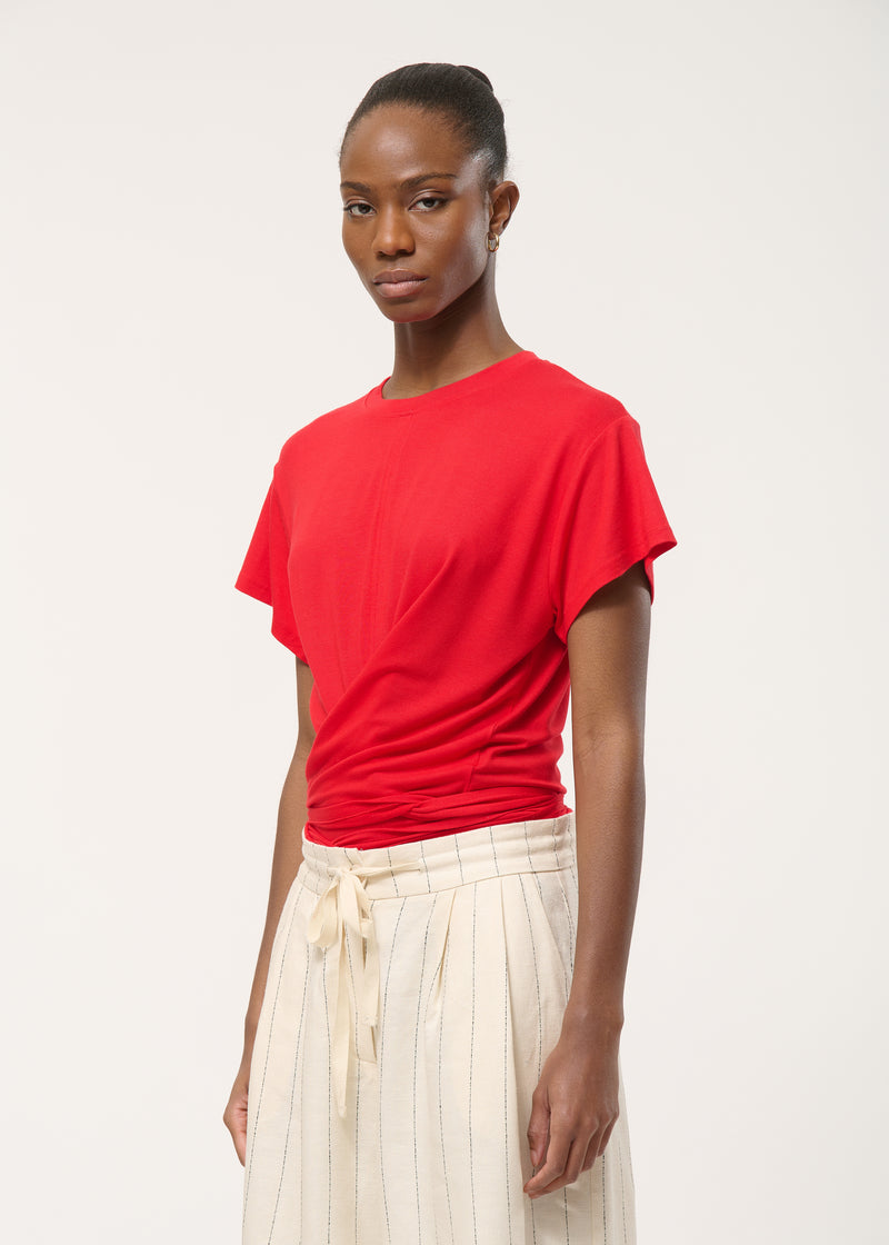 T-shirt drapé rouge en jersey ultra soft - VERMILLON#couleur_VERMILLON