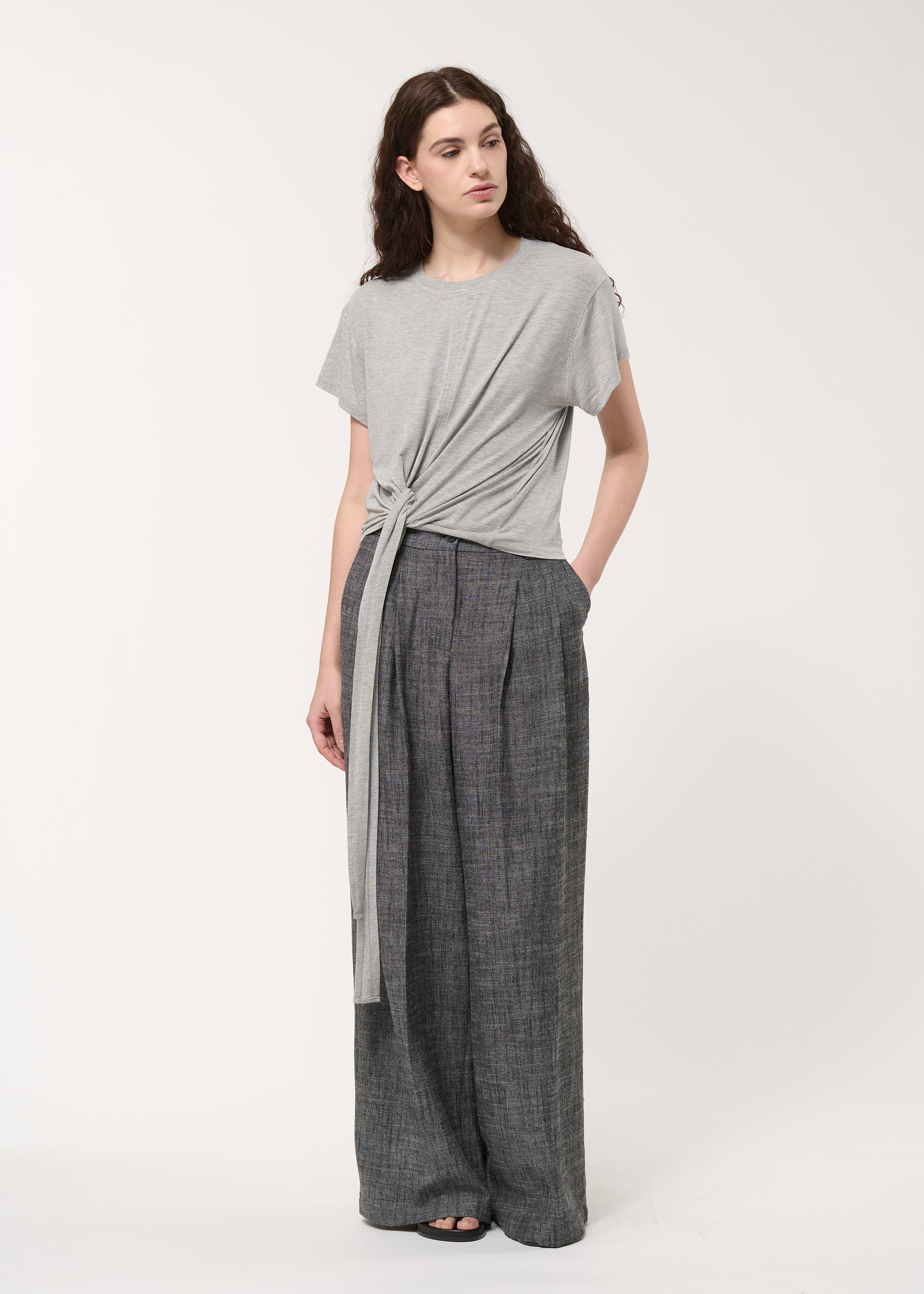 T-shirt drapé gris en jersey ultra soft - GRIS CHINE#couleur_GRIS CHINE