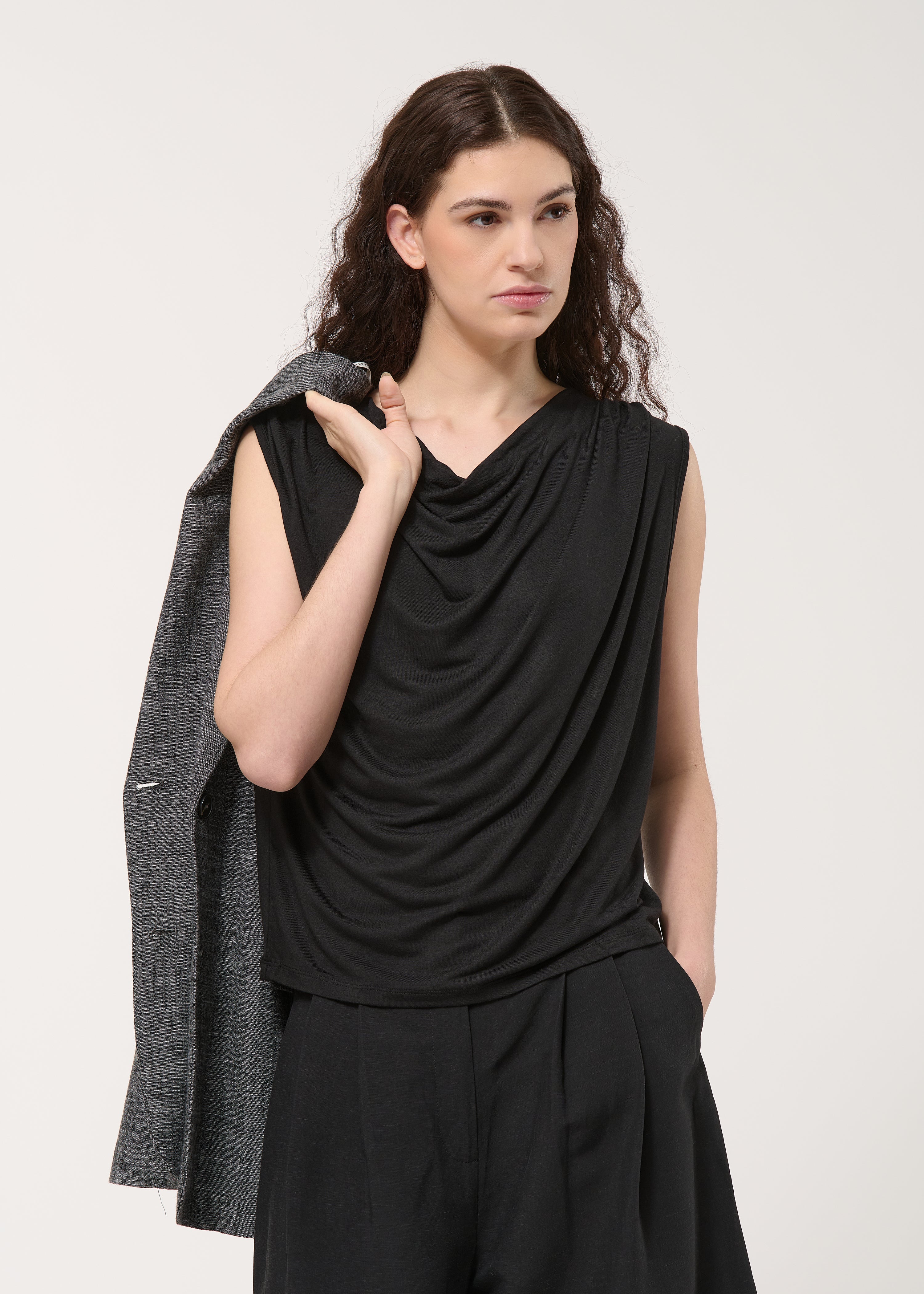 Débardeur drapé noir en jersey ultra soft - NOIR#couleur_NOIR