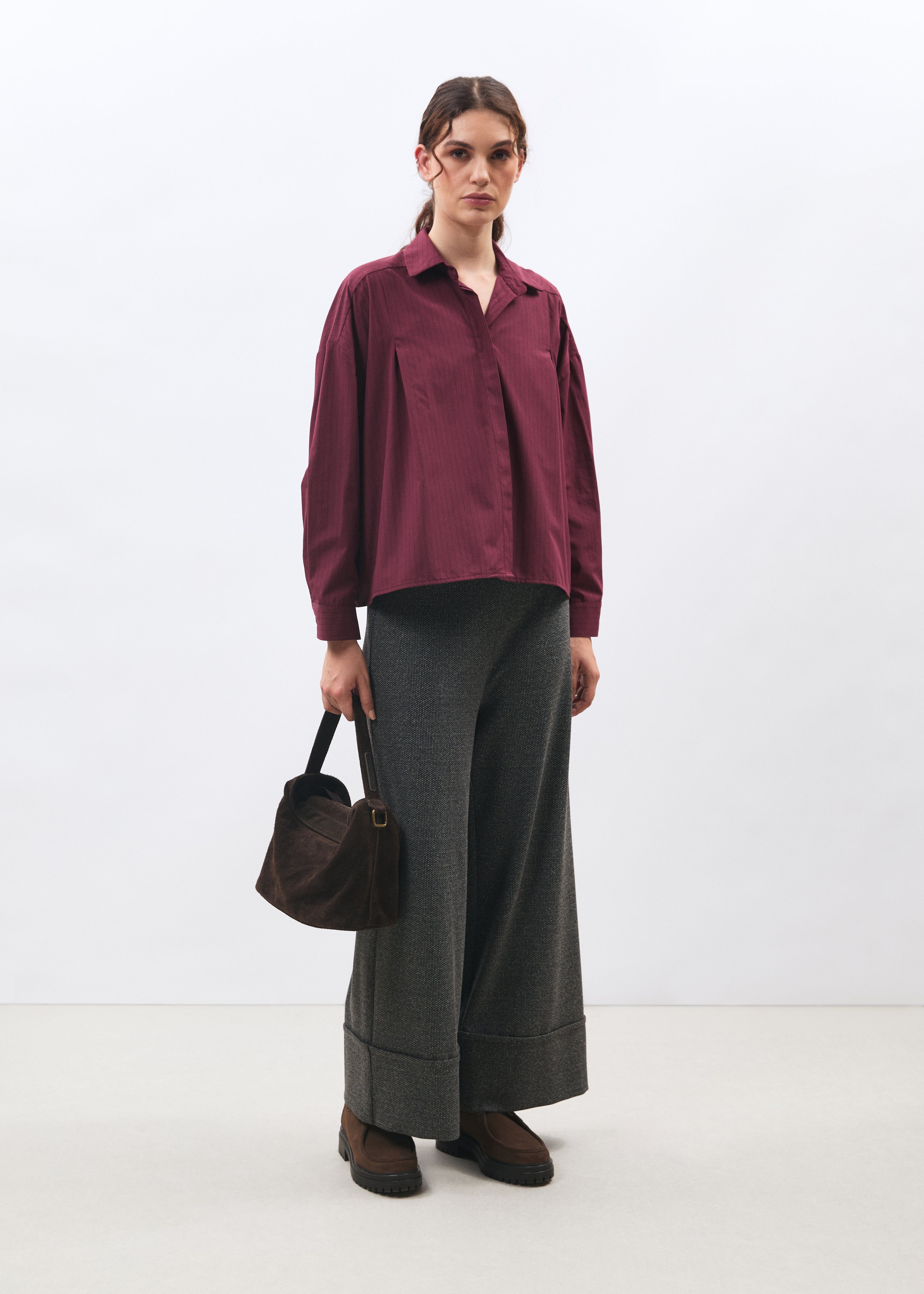 Chemise oversize bordeaux manches longues à rayures - BORDEAUX#couleur_BORDEAUX