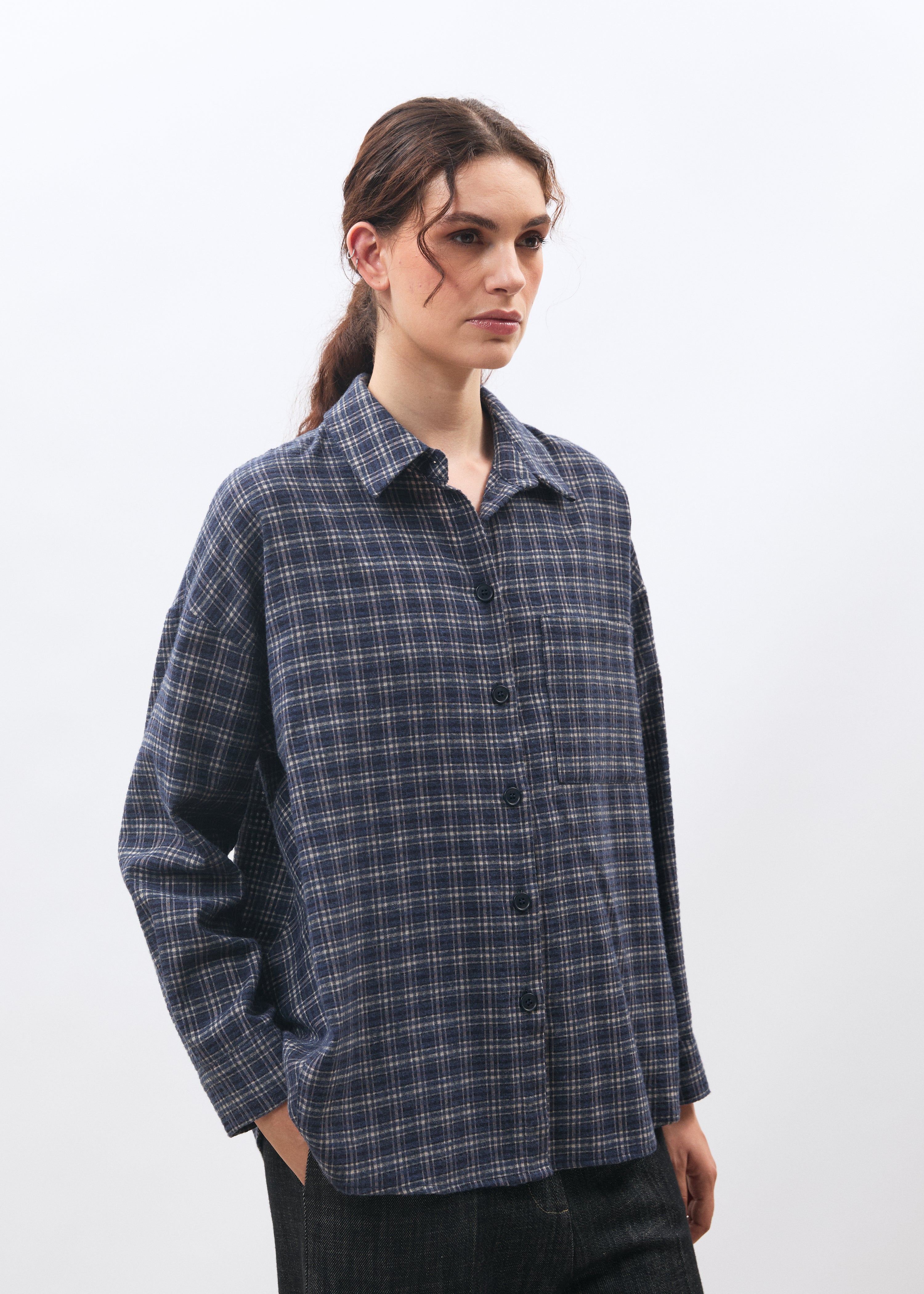 Chemise oversize bleu marine manches longues à carreaux - MARINE#couleur_MARINE