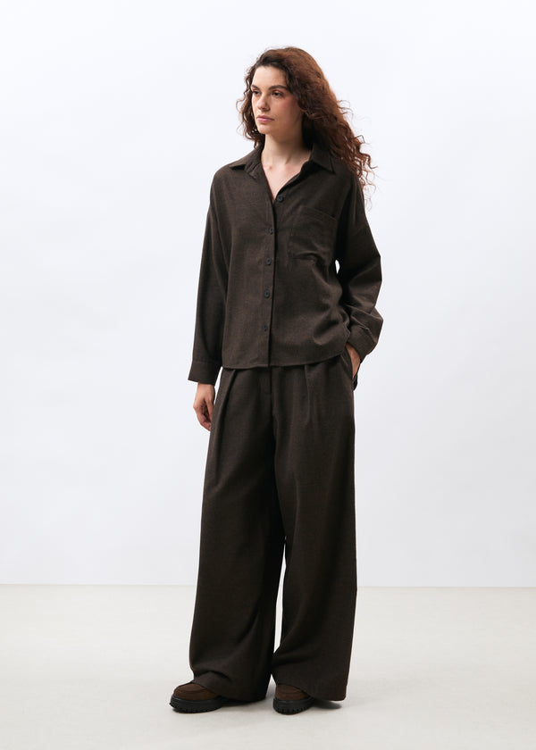 Chemise oversize marron en flanelle à chevrons - CHOCOLAT#couleur_CHOCOLAT