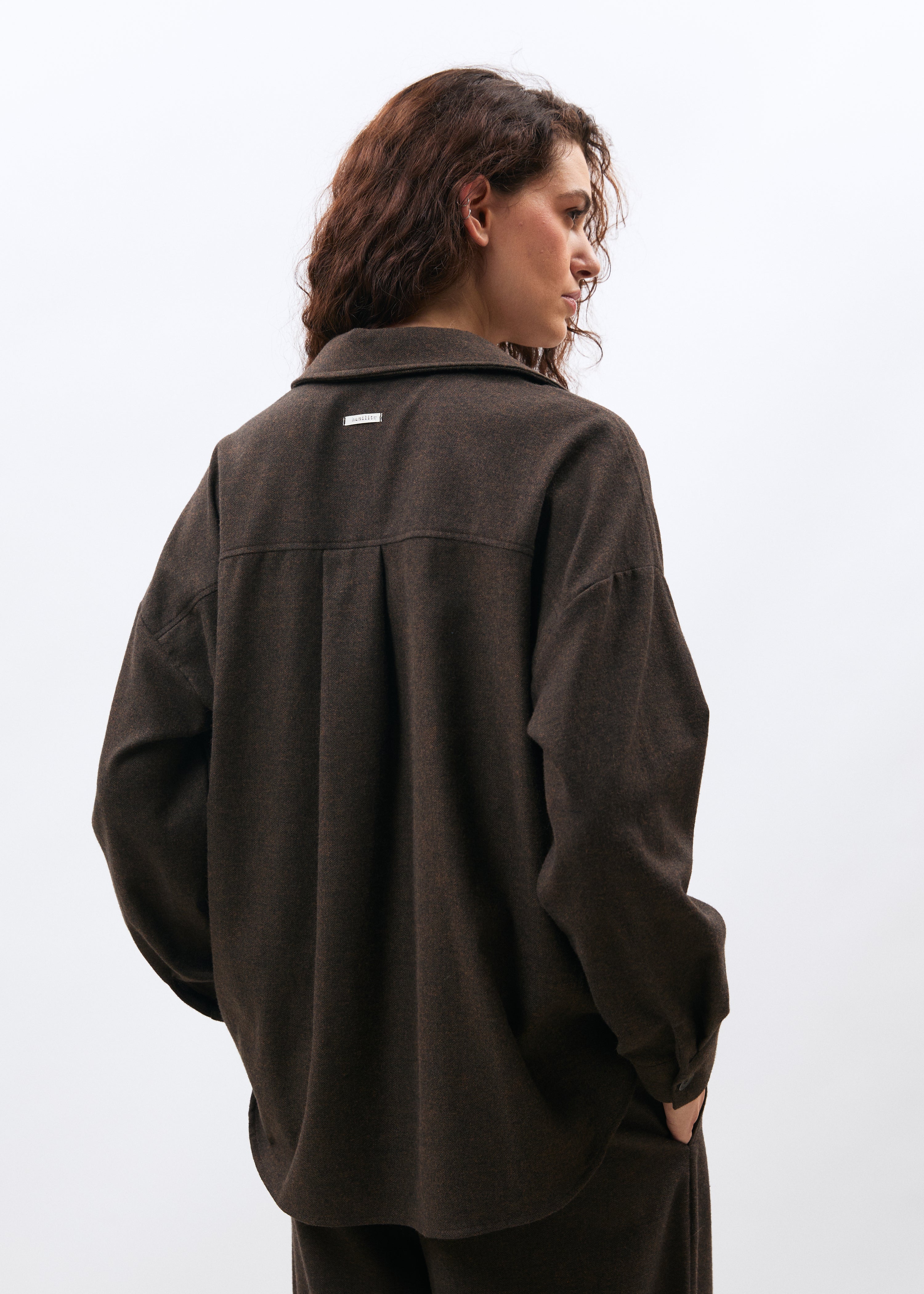 Chemise oversize marron en flanelle à chevrons - CHOCOLAT#couleur_CHOCOLAT
