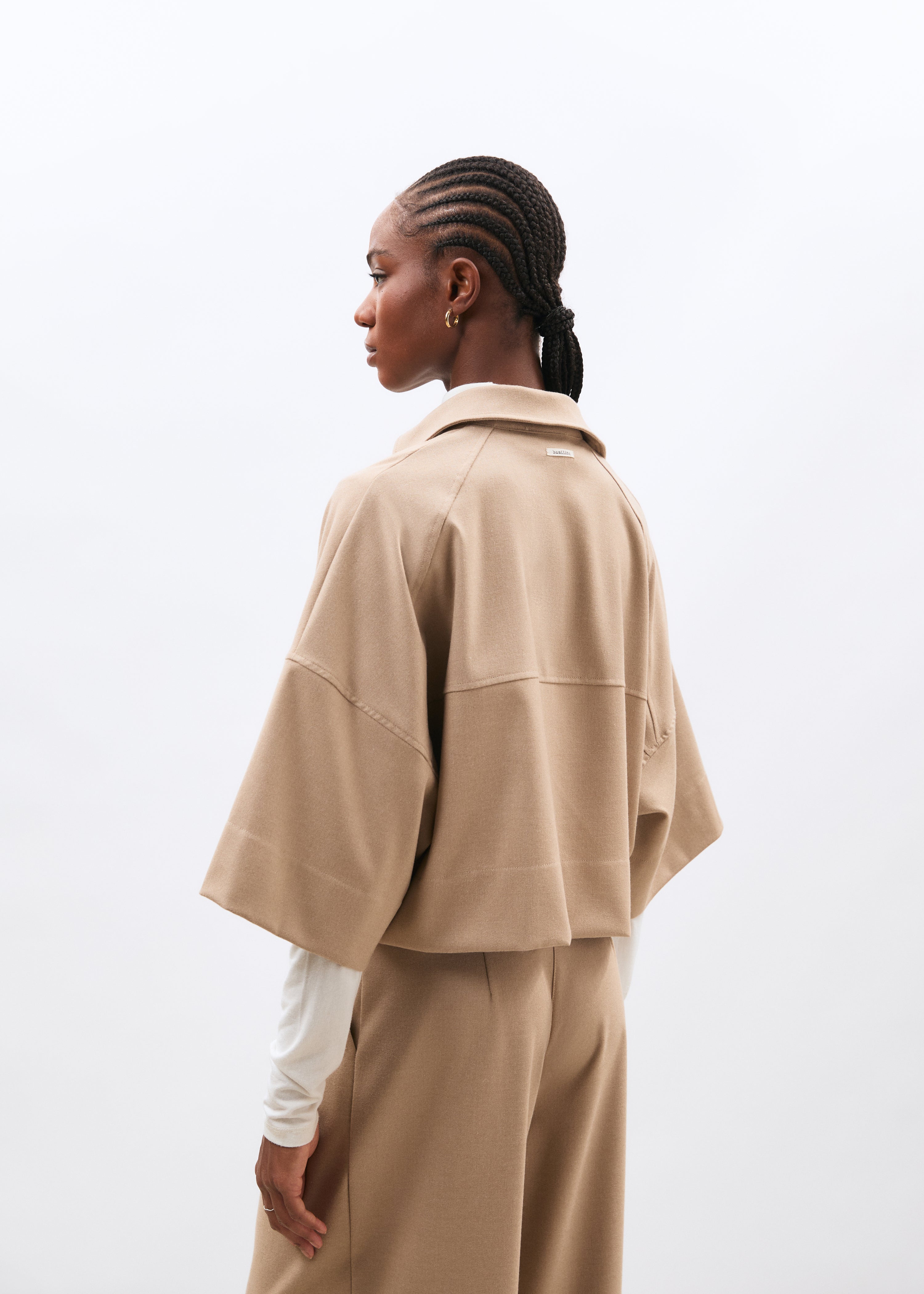 Chemise courte oversize beige en flanelle - SABLE#couleur_SABLE