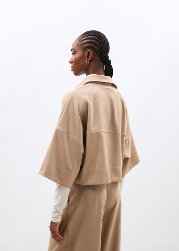 Chemise courte oversize beige en flanelle - SABLE#couleur_SABLE