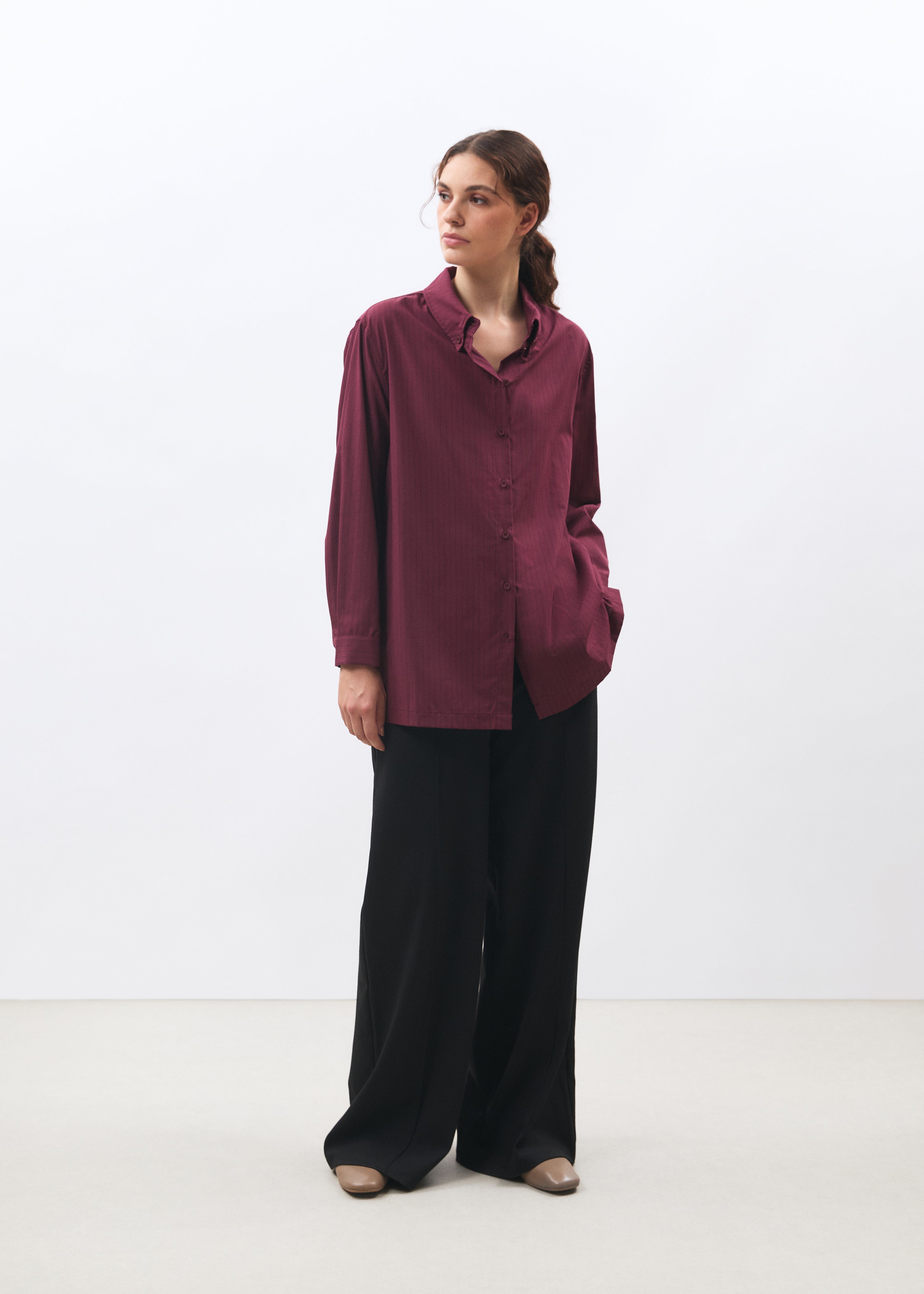 Chemise longue bordeaux à rayures - BORDEAUX#couleur_BORDEAUX