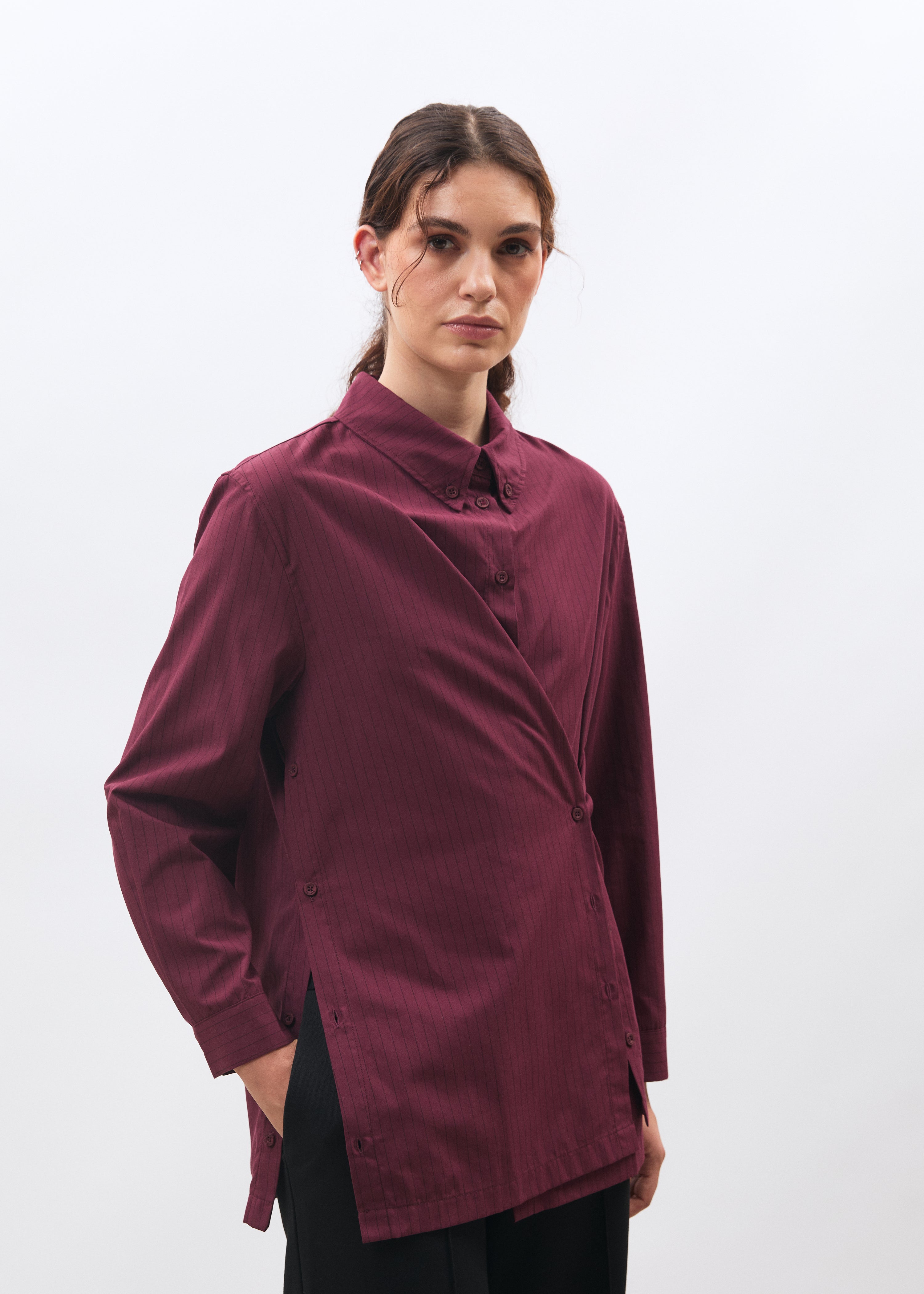 Chemise longue bordeaux à rayures - BORDEAUX#couleur_BORDEAUX