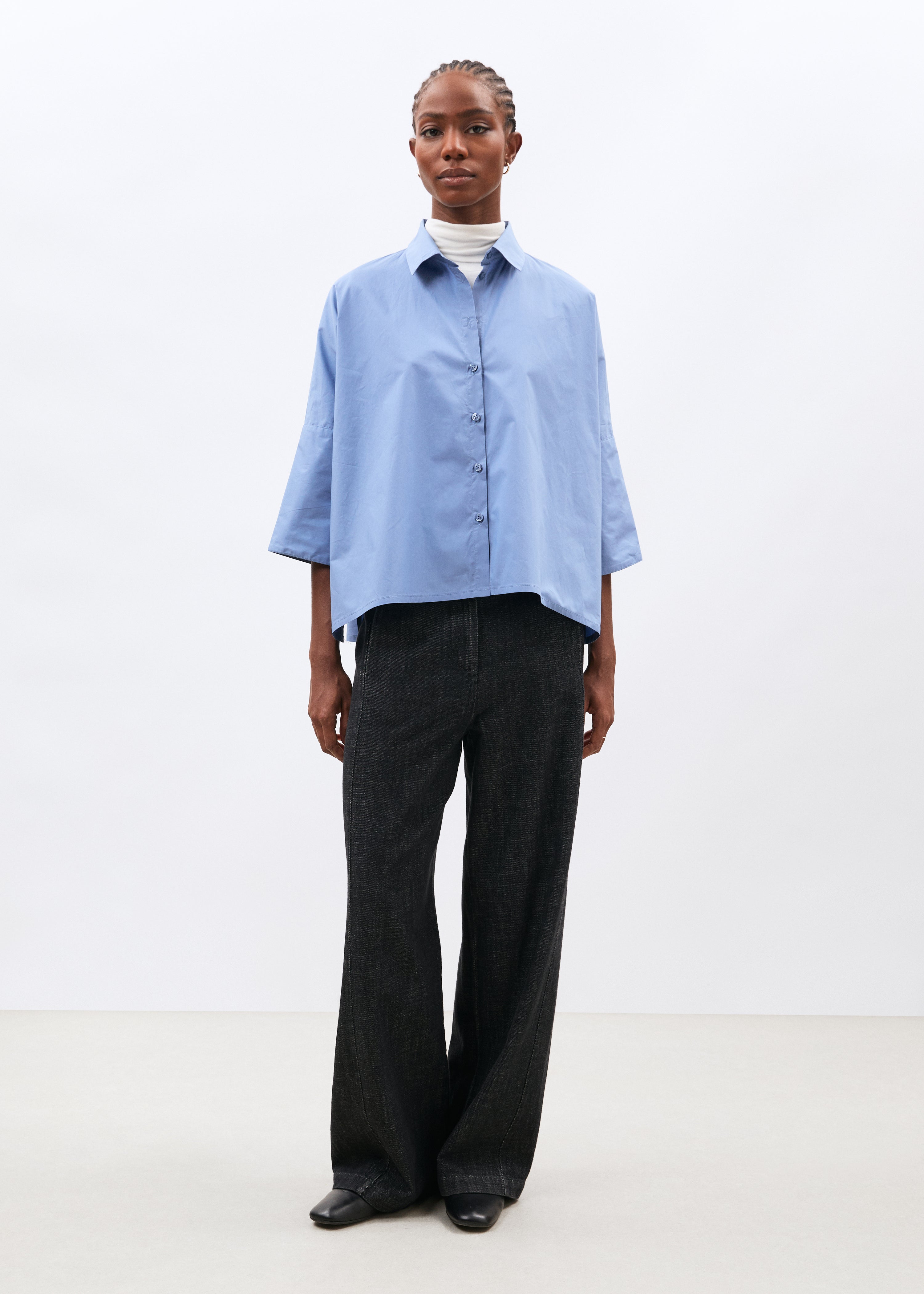Chemise bleu clair manches courtes en popeline de coton - CIEL#couleur_CIEL