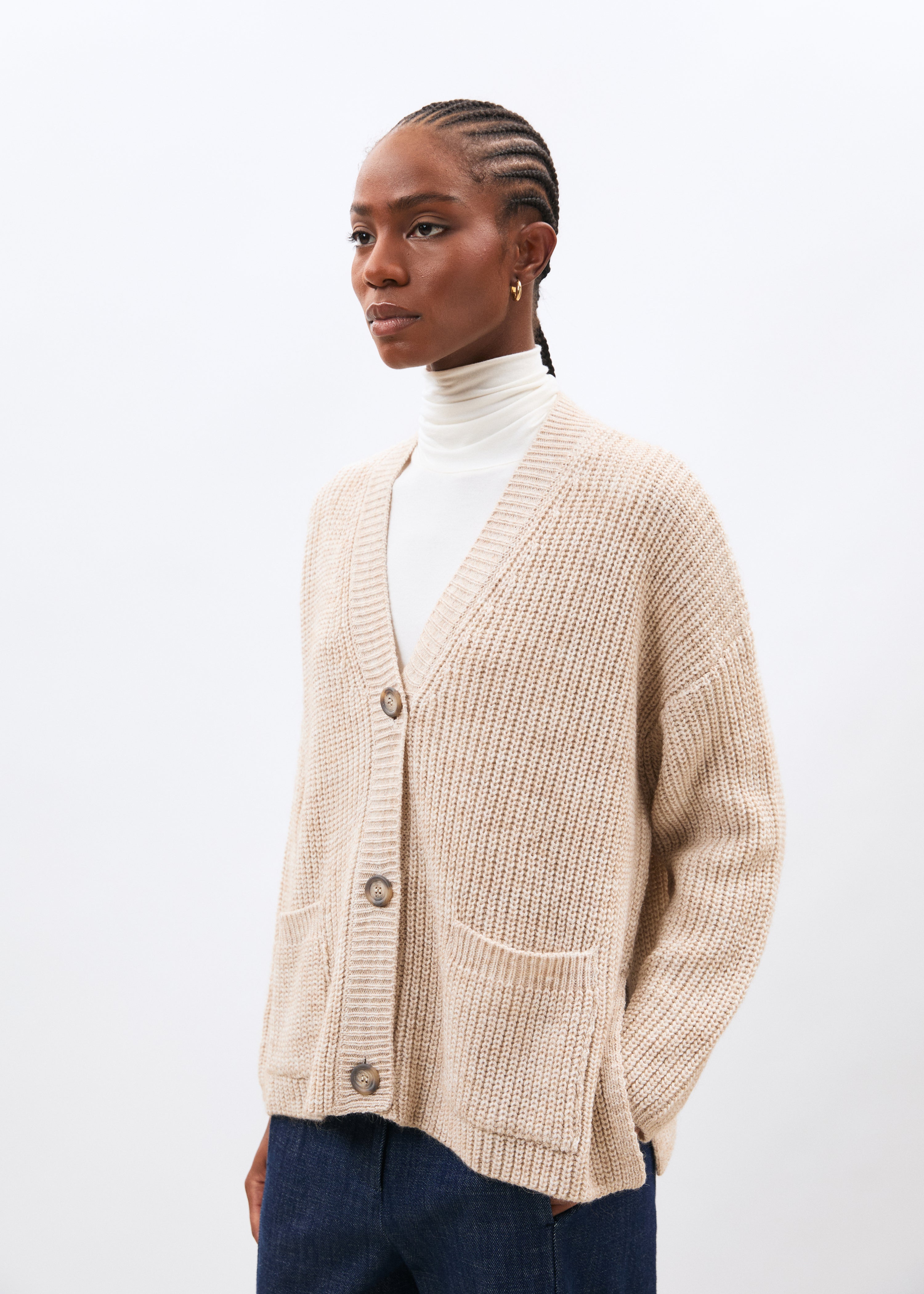 Cardigan écru manches longues col V - OFF WHITE#couleur_OFF WHITE