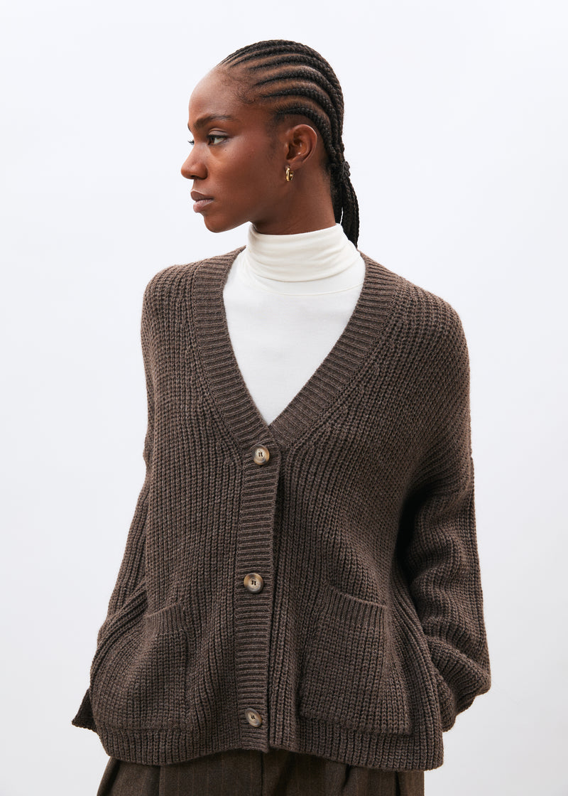Cardigan taupe manches longues col V - TAUPE#couleur_TAUPE