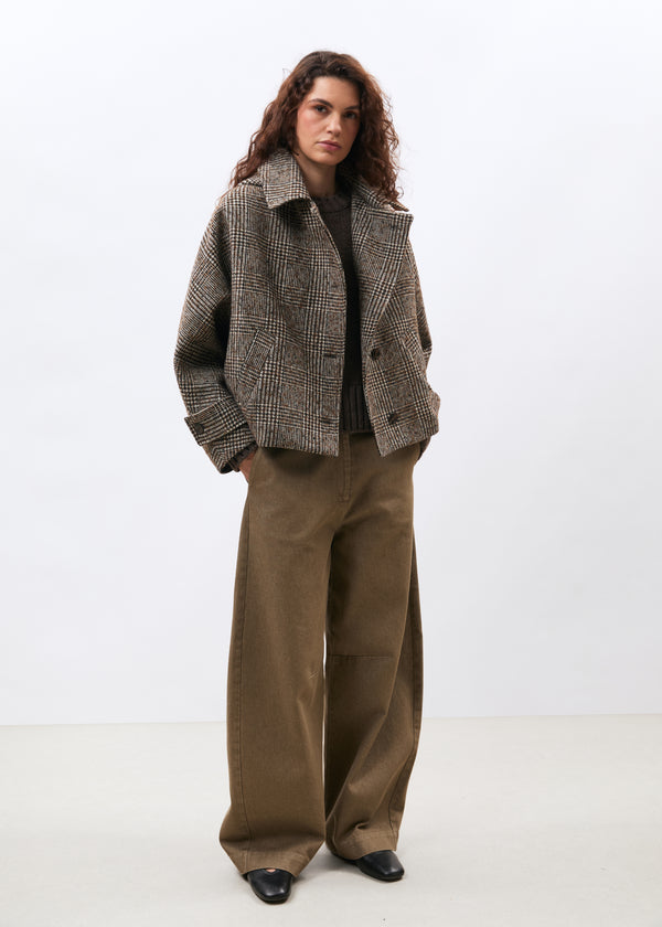 Blouson marron et écru en lainage prince de Galles - CHOCOLAT/OFF WHITE#couleur_CHOCOLAT/OFF WHITE