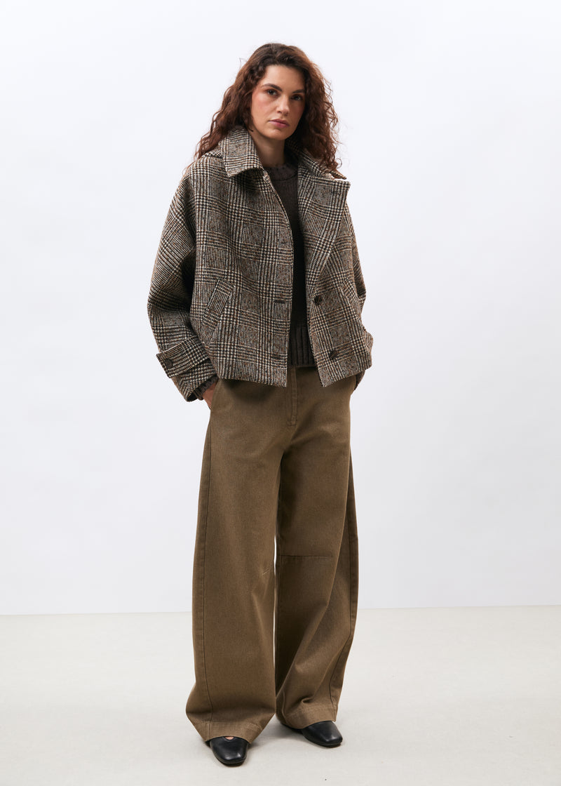 Blouson marron et écru en lainage prince de Galles - CHOCOLAT/OFF WHITE#couleur_CHOCOLAT/OFF WHITE