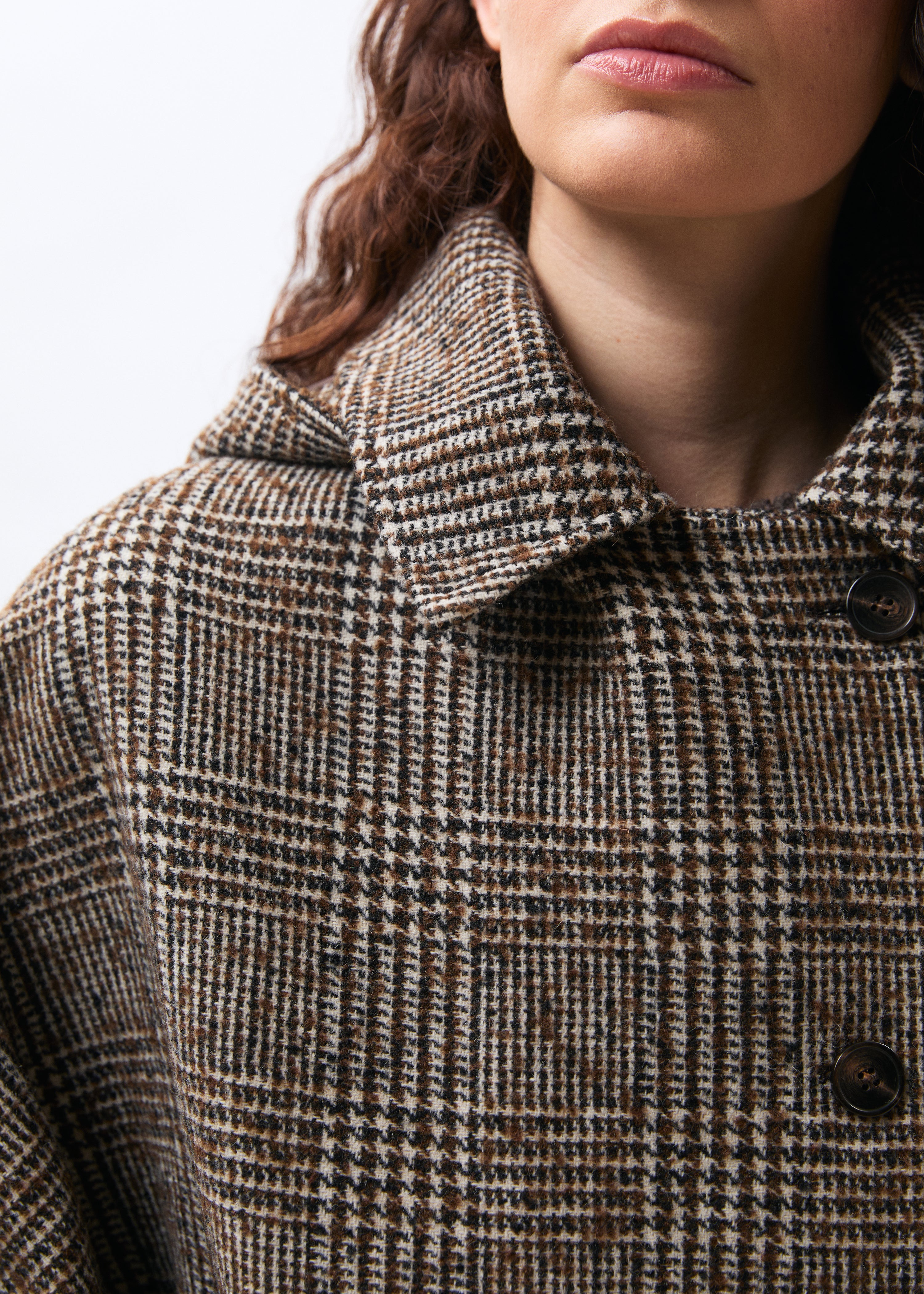 Blouson marron et écru en lainage prince de Galles - CHOCOLAT/OFF WHITE#couleur_CHOCOLAT/OFF WHITE