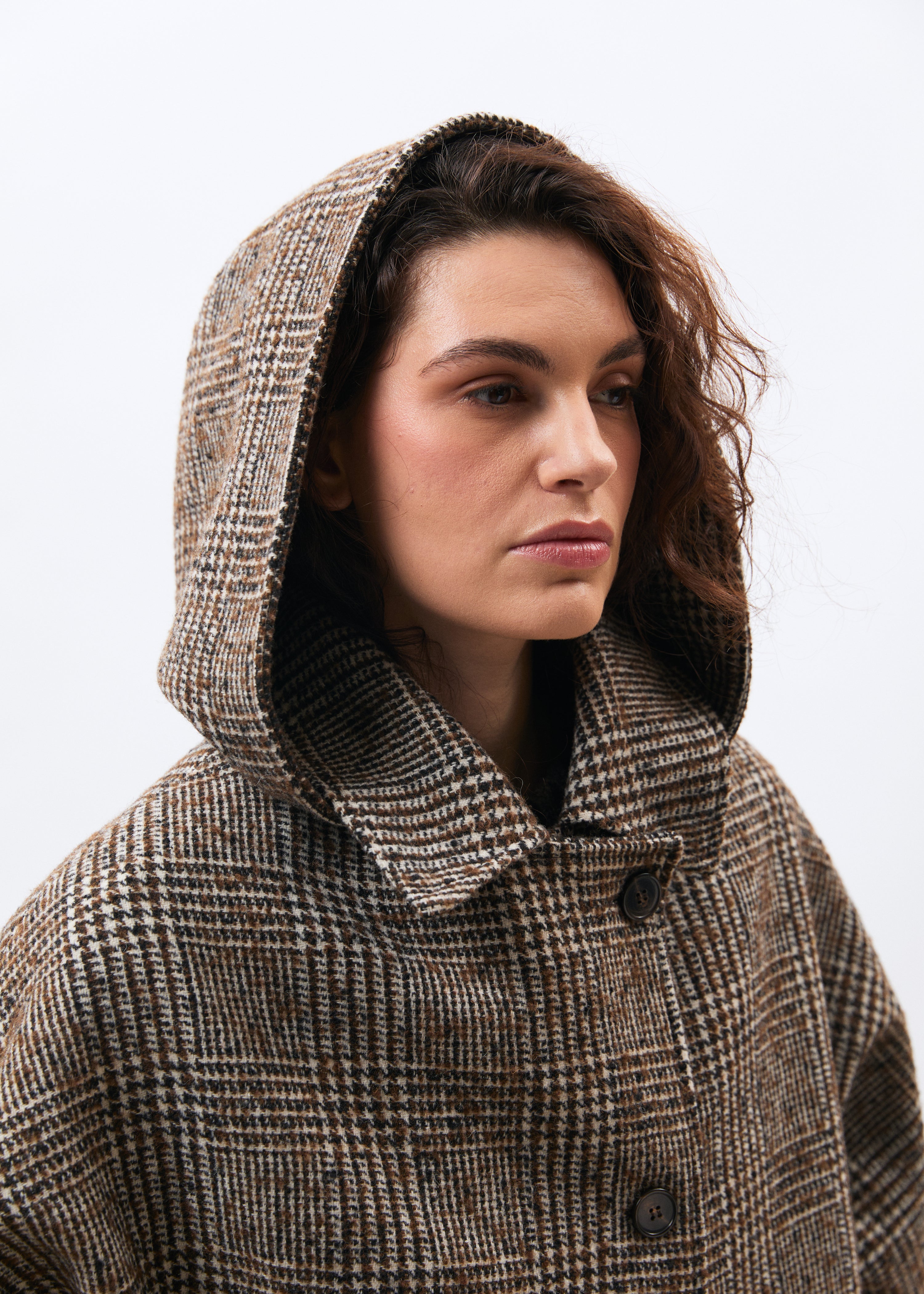 Blouson marron et écru en lainage prince de Galles - CHOCOLAT/OFF WHITE#couleur_CHOCOLAT/OFF WHITE
