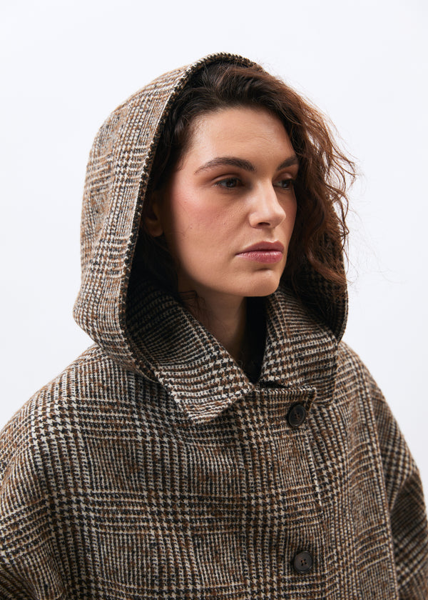 Blouson marron et écru en lainage prince de Galles - CHOCOLAT/OFF WHITE#couleur_CHOCOLAT/OFF WHITE